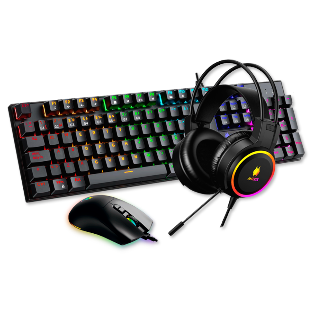 KIT ANTRYX GC-3100 X3 BLACK TECLADO SWITCH BLUE MOUSE Y AURICULAR