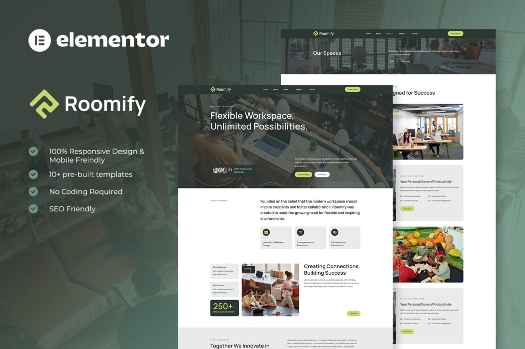 Roomify – Coworking Espacio Creativo Elementor Plantilla Kit