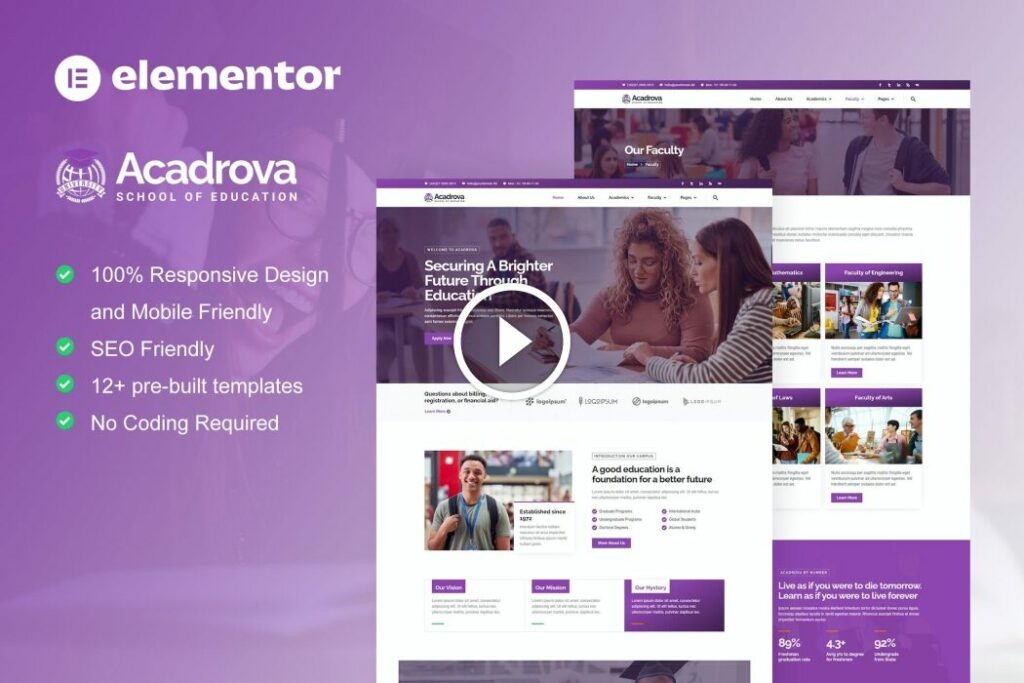 Acadrova – Kit de plantillas Elementor Pro para educación universitaria y escolar