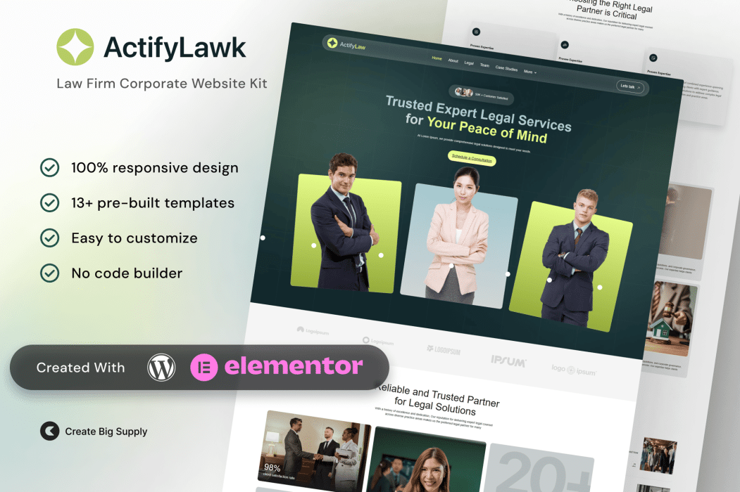ActifyLaw – Kit de Plantilla Elementor Corporativa para Bufete de Abogados