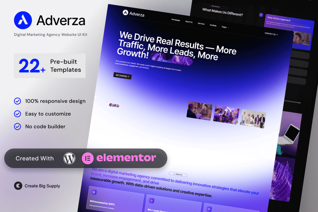 Adverza – Kit de plantillas Elementor para agencias de marketing digital