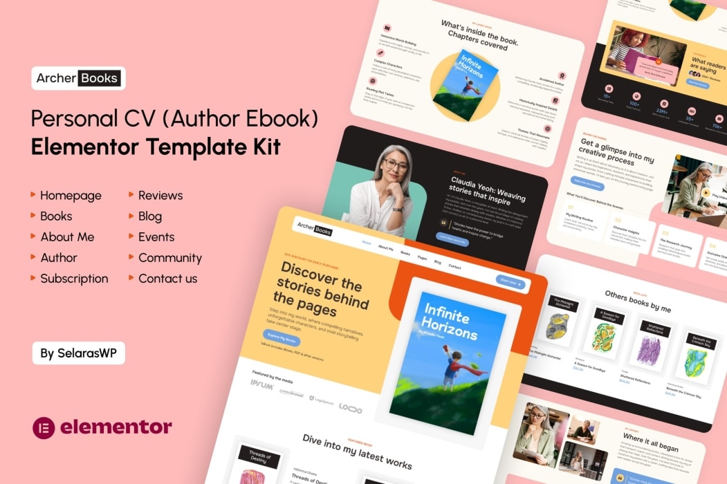 ArcherBooks – Kit de plantillas Elementor Pro para currículum de autor y libro electrónico