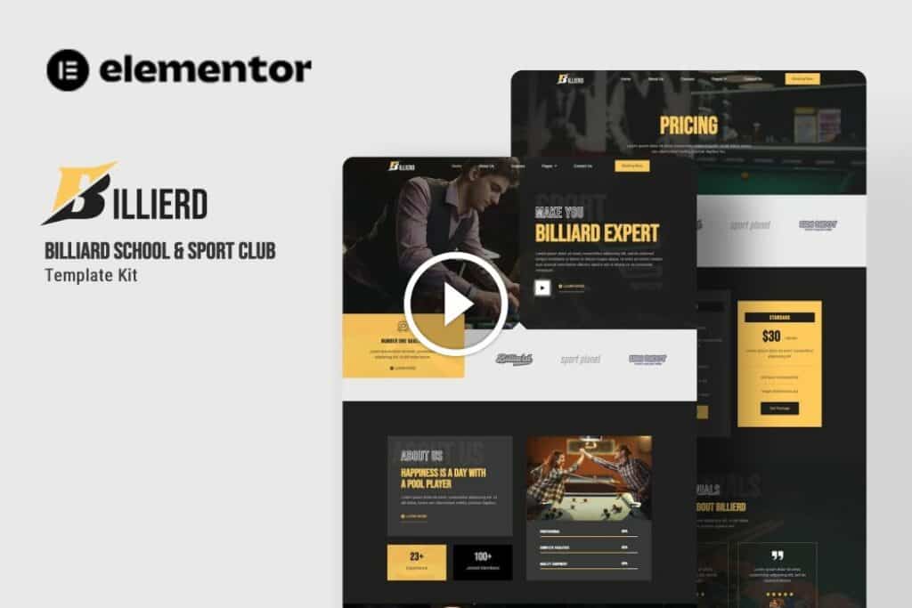 Billierd – Kit de plantilla de Elementor para escuela de billar y club deportivo