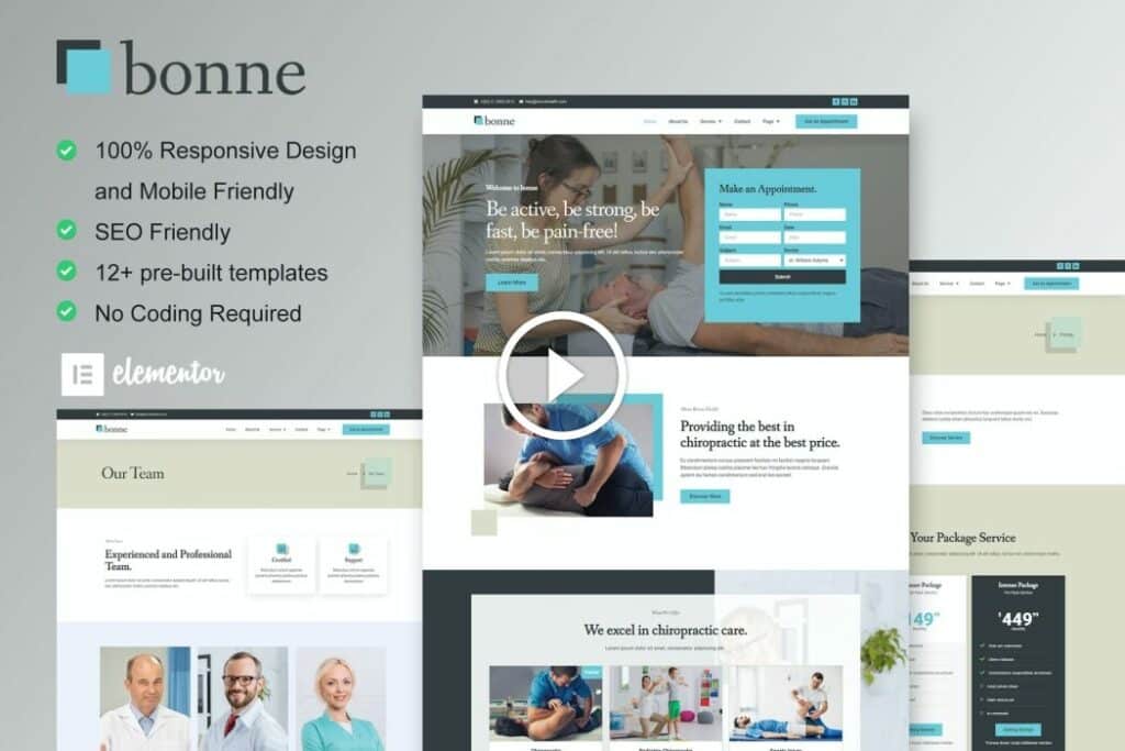 Bonne: kit de plantilla Elementor de quiropráctica y fisioterapia