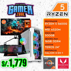 PC COMPLETA RYZEN 5 5600G, 16GB RAM, SSD 500GB, MONITOR 24″, KIT GAMER 4 EN 1