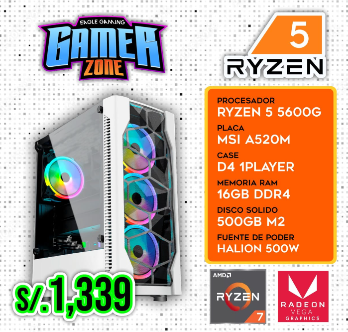 PC GAMER RYZEN 5 5600G, 16 GB DE RAM, SSD 500 GB