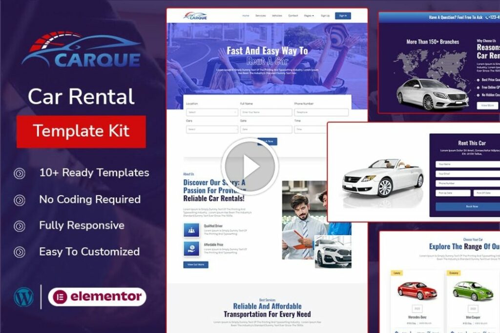 CarQue: kit de plantilla Elementor de alquiler de automóviles y servicios para automóviles