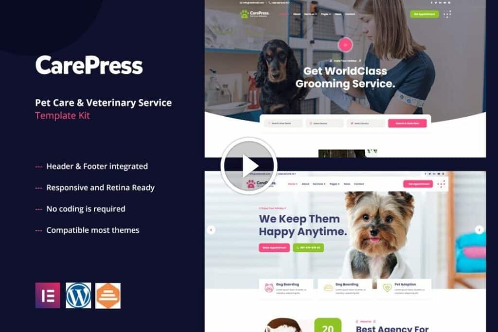 CarePress: kit de plantilla Elementor para cuidado de mascotas y veterinaria