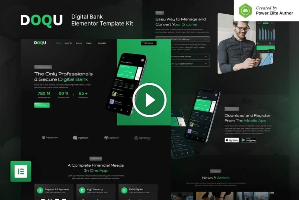 DOQU – Kit de plantilla Elementor de banco digital oscuro y monedero electrónico