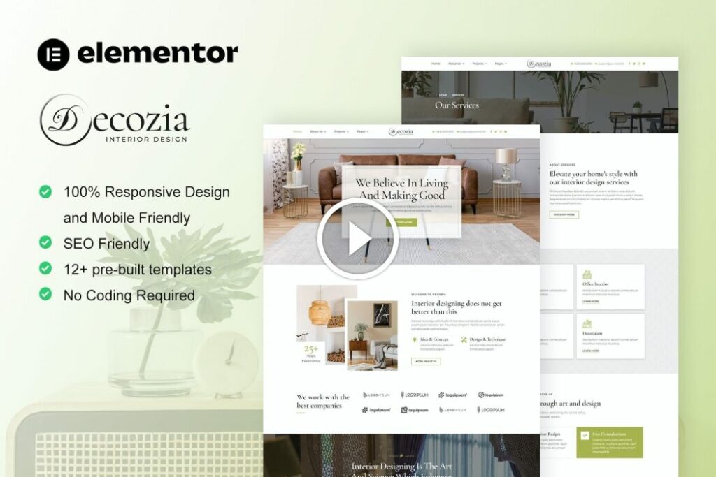 Decozia – Kit de plantilla Elementor de servicio de diseño de interiores