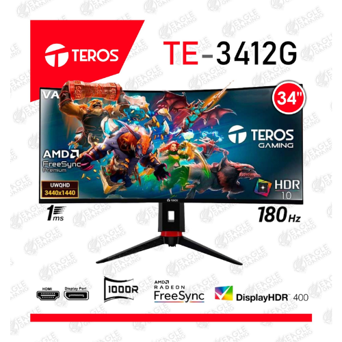 MONITOR CURVO GAMING TEROS TE‑3412G – 34″ WQHD (3440×1440), 180 Hz, 1 ms, HDR10, FreeSync Premium