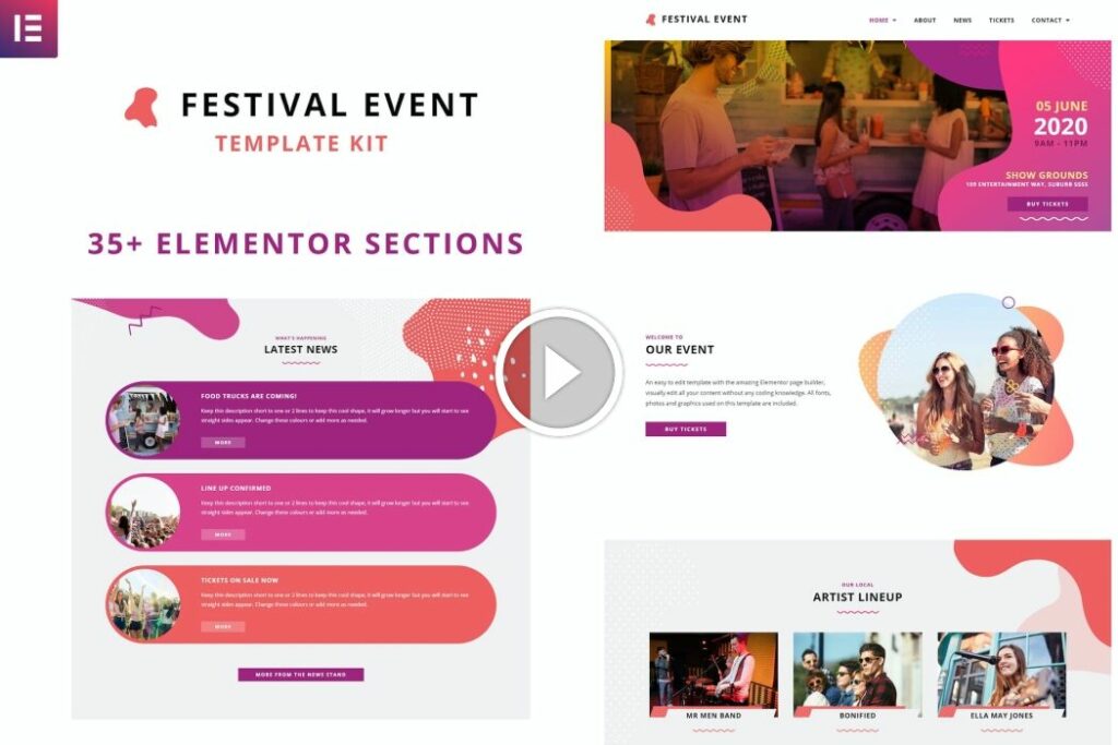 Festival Events: kit de plantillas de Elementor para Eventos
