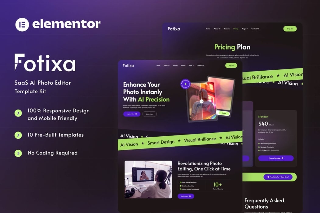 Fotixa – Kit de plantilla de Elementor para sitio web de aplicación de fotografía SaaS AI