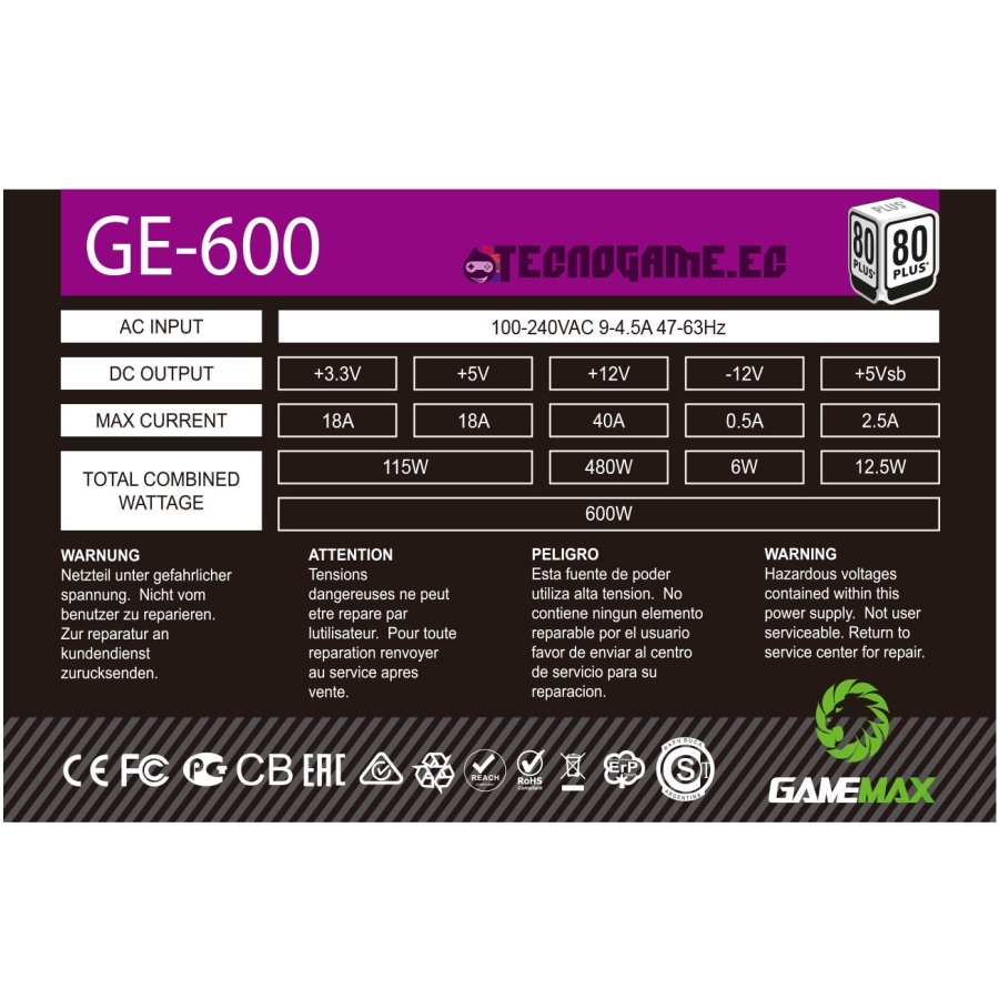 Fuente De Poder 600w 80+ Wh – Gamemax GE-600 - Imagen 4