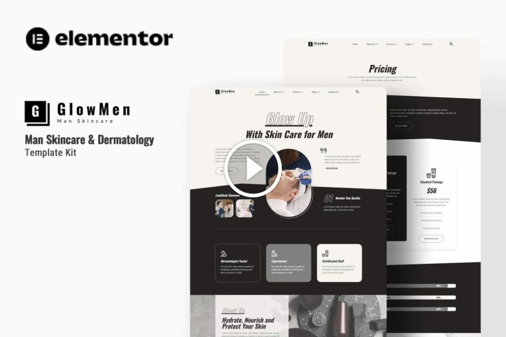 Glowmen – Kit de plantillas Elementor para cuidado de la piel y dermatología para hombres