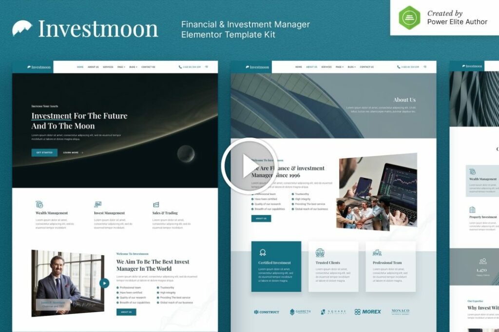 Investmoon: kit de plantillas Elementor para el administrador de finanzas e inversiones