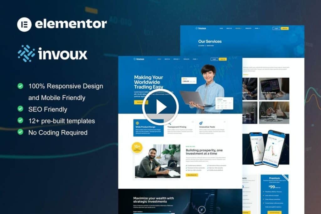 Invoux – Kit de plantillas Elementor Pro de comercio e inversión