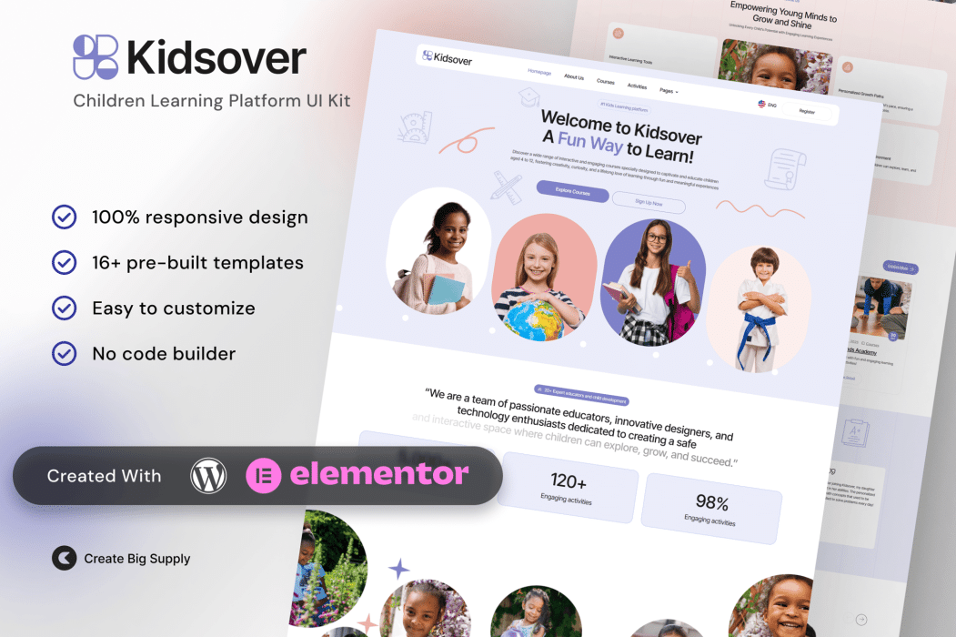 Kidsover- Kit de plantillas Elementor de plataforma de aprendizaje para niños