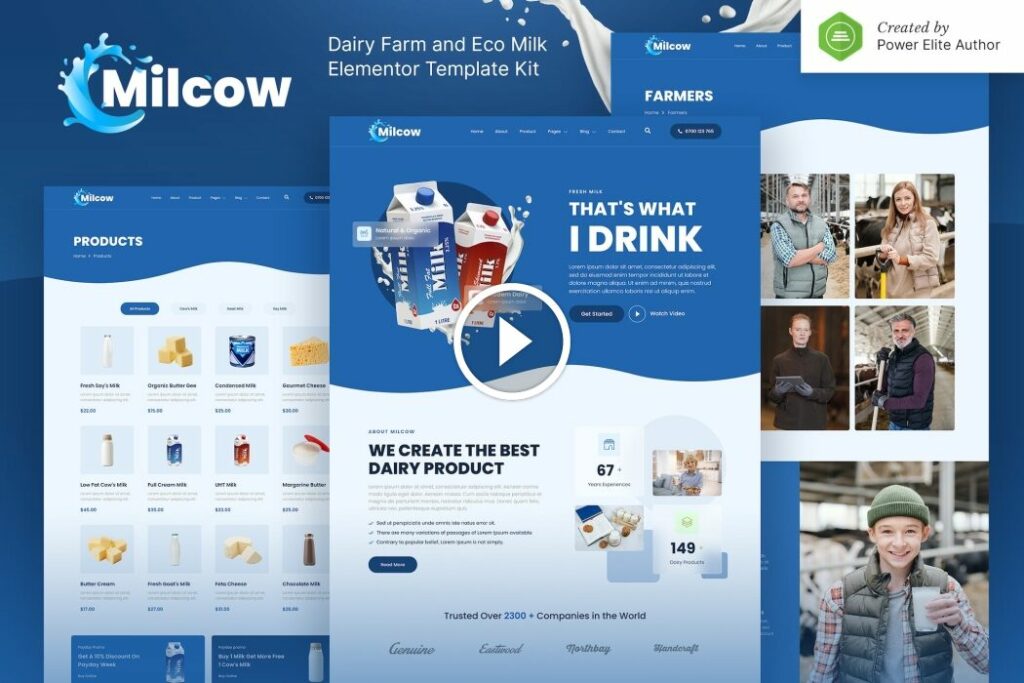 Milcow – Kit de plantilla de Elementor de leche ecológica y granja lechera