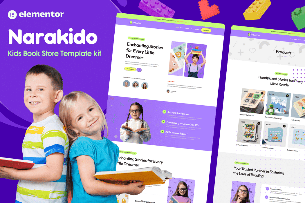 Narakido – Kit de plantillas de Elementor para librería infantil