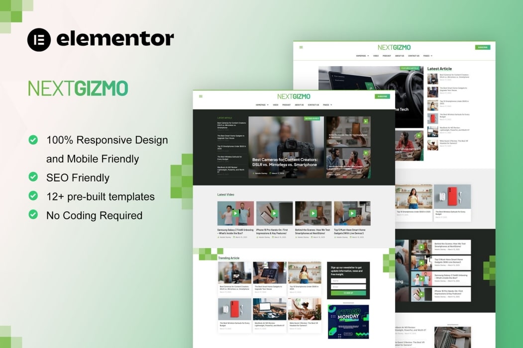 NextGizmo – Kit de plantillas Elementor para revistas y noticias de gadgets