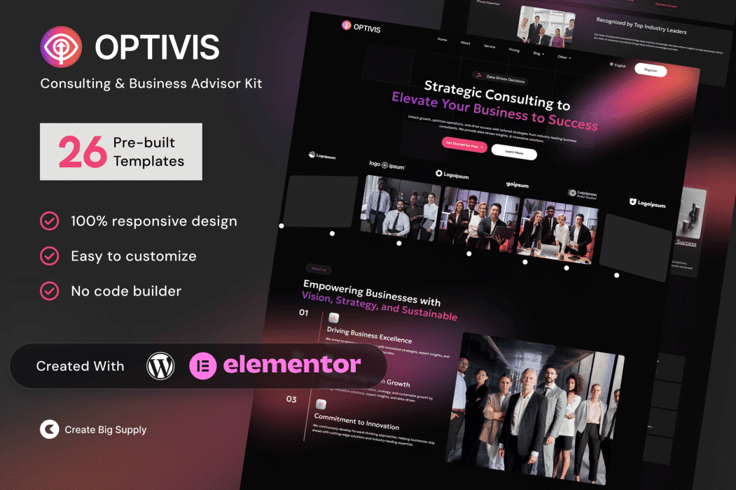 Optivis – Kit de plantillas de Elementor para asesoría empresarial y consultoría