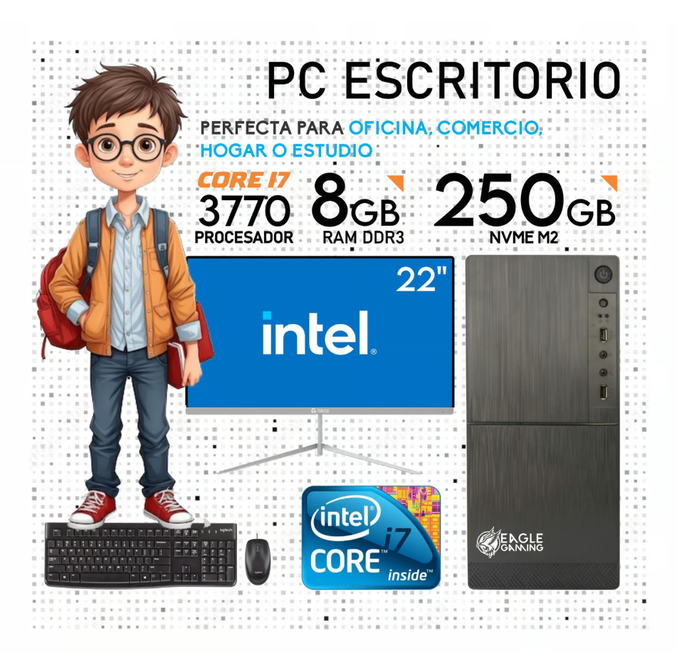 COMPUTADORA PC INTEL CORE I7 3770, RAM 8gb, SSD 250gb, MONITOR 22 FHD, KIT LOGITECH