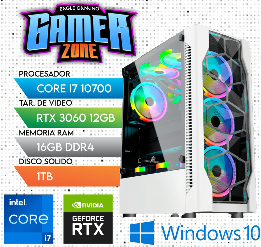 COMPUTADORA PC GAMER CORE I7 10700, RAM 16GB, SSD 1TB, VIDEO RTX 3060 12GB