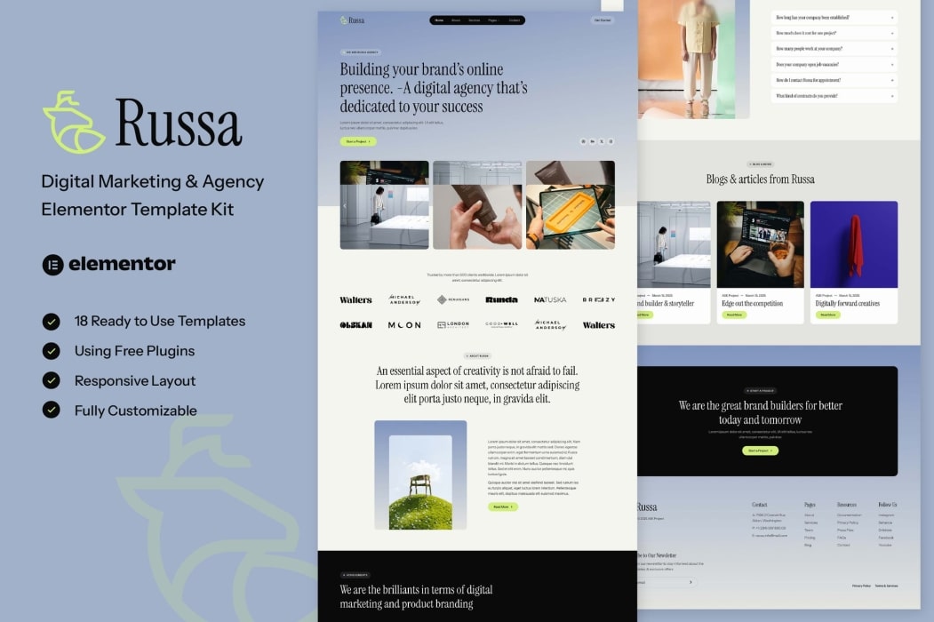 Russa: kit de plantillas de Elementor para agencias y marketing digital