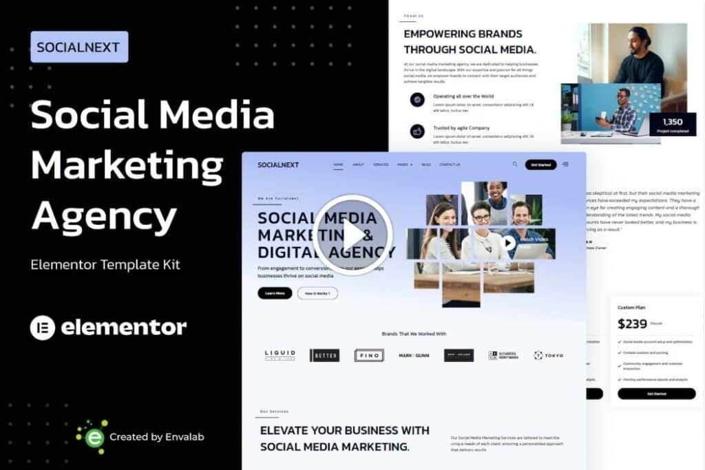 Socialnext: kit de plantilla Elementor para agencias de marketing en redes sociales
