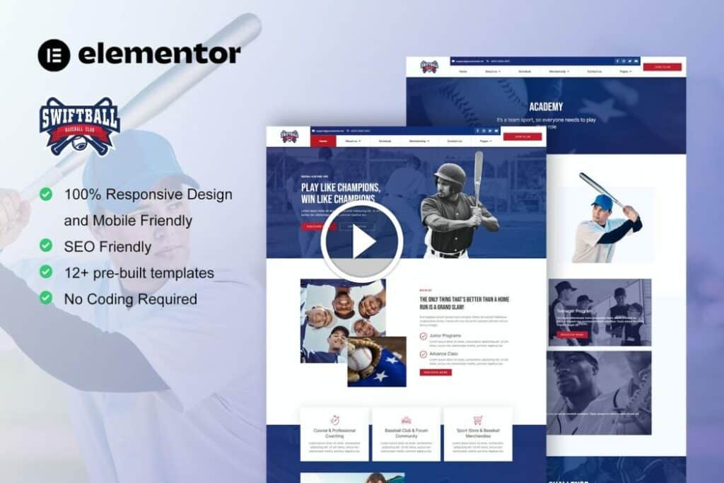 SwiftBall – BaseBall Team & Sport Club Elementor Pro Template Kit
