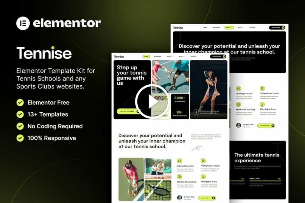 Tennis – Kit de plantilla Elementor para escuela de tenis y club deportivo