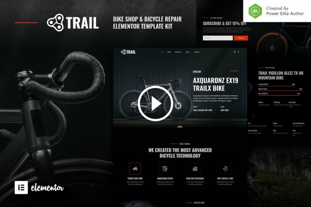 Trail – Kit de plantilla Elementor para tienda de bicicletas y reparación de bicicletas