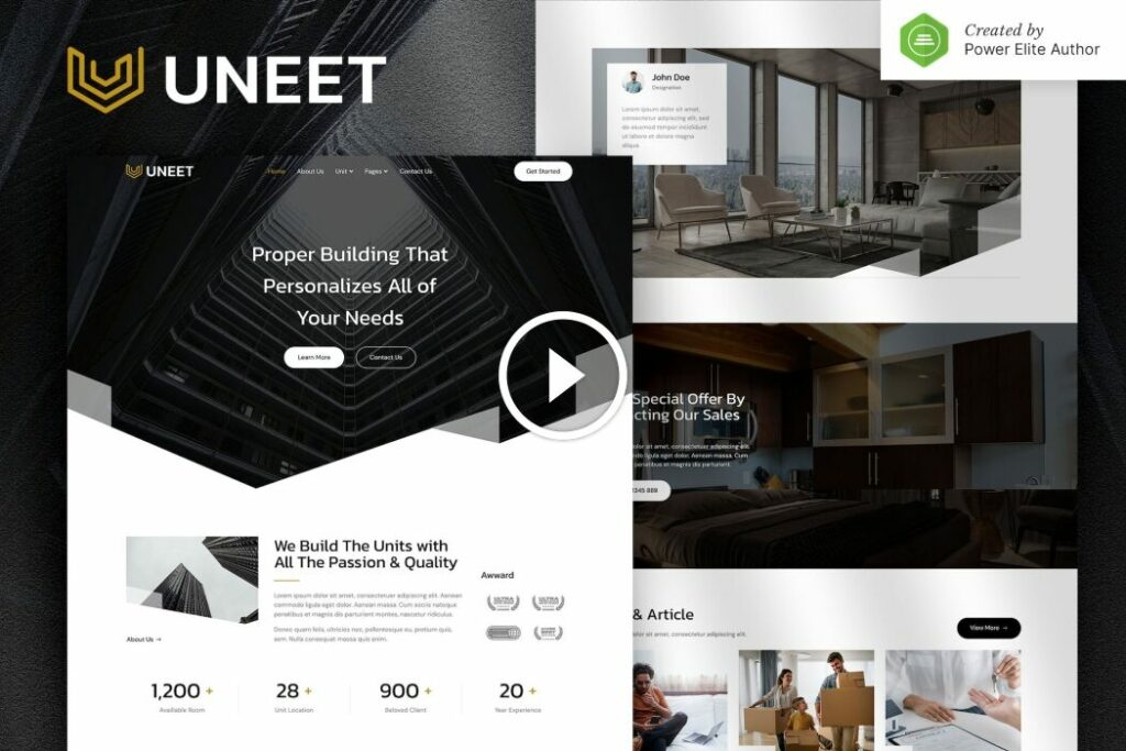 Uneet – Kit de plantilla Elementor de bienes raíces para apartamentos y propiedades individuales