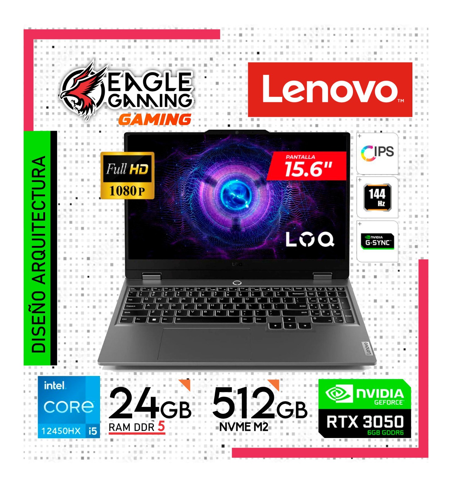 Laptop Lenovo LOQ 15IAX9 Intel Core i5 12450HX RAM 24GB Disco 512GB SSD Video RTX 3050 6GB 15.6″ FHD FreeDos (83GS00EQLM)