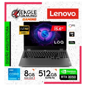 Laptop Lenovo LOQ 15IAX9 Intel Core i5 12450HX RAM 8GB Disco 512GB SSD Video Nvidia RTX 3050 6GB 15.6″ FHD FreeDos (83GS006WLM)