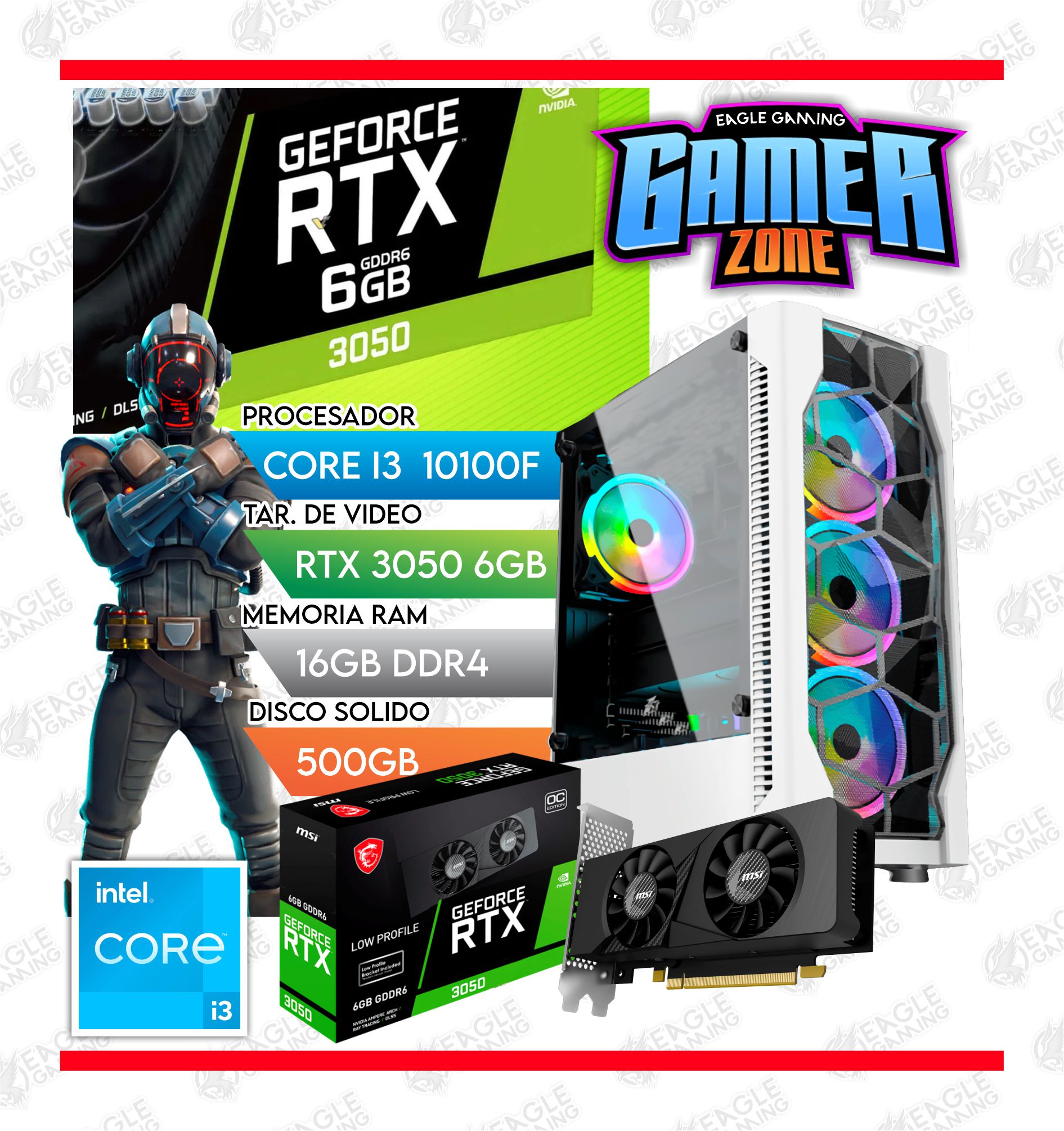 COMPUTADORA GAMER I3 10100F, RTX 3050 6GB, 16GB RAM, SSD 500GB