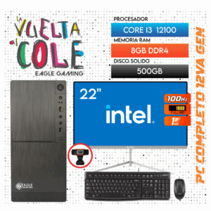 COMPUTADORA PC INTEL CORE I3 12100, RAM 8GB, SSD 500GB, MONITOR 22 FHD, KIT LOGITECH, CAMARA