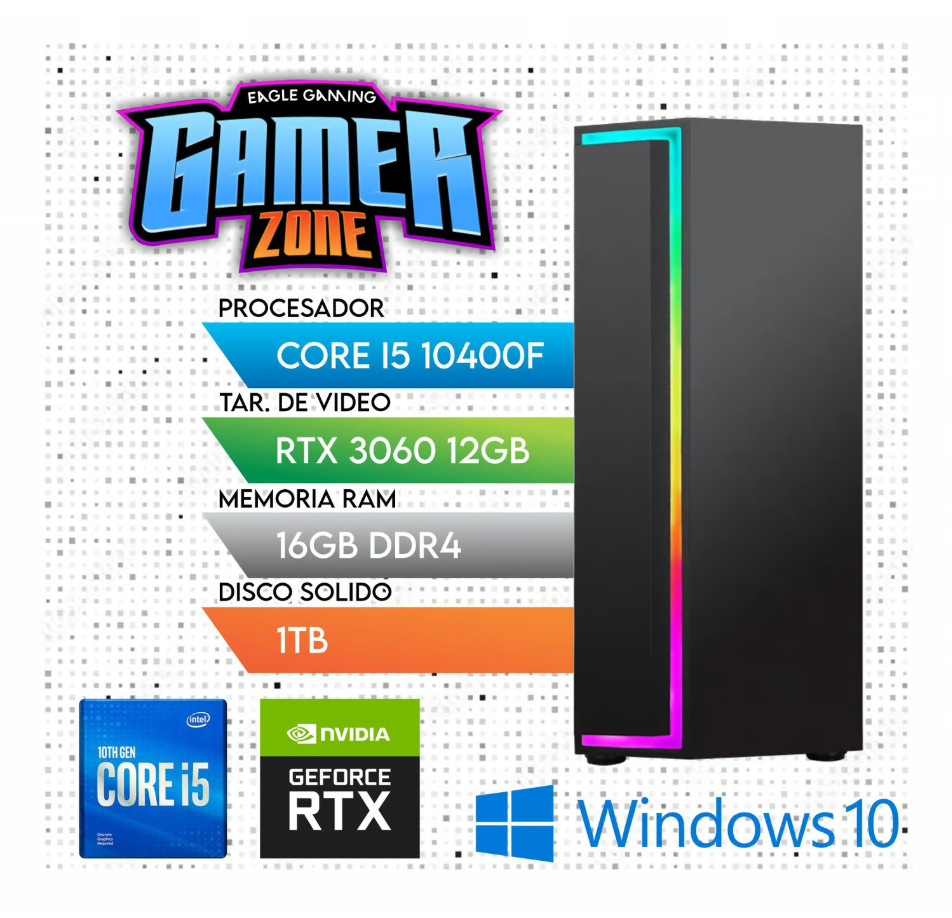 COMPUTADORA PC GAMER CORE i5 10400F, RAM 16GB, SSD 1TB, VIDEO RTX 3060 12GB