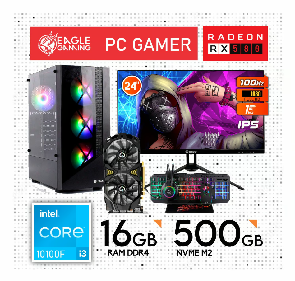COMPUTADORA GAMER I3 10100F, RX580 8GB, 16GB RAM, MONITOR 24, KIT 4 EN 1